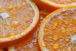 Orange slices with water droplets creating refreshing visual photo