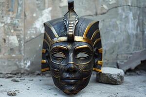 Pharaoh mask standing on concrete floor with damaged wall background photo