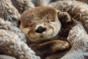 Adorable baby sea otter sleeping peacefully on soft blanket photo