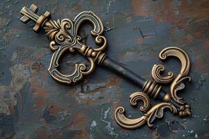 Ornate vintage key resting on weathered surface symbolizing mystery and discovery photo