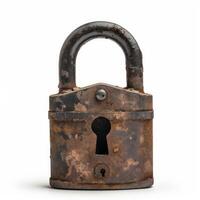 Old rusty padlock showing keyhole on white background photo