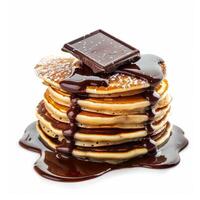 Stack of pancakes dripping with chocolate sauce and chocolate slab photo