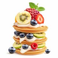 Stack of pancakes topped with yogurt, kiwi, raspberry, strawberry, blueberry and mint photo