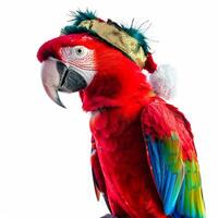 Red macaw parrot wearing christmas festive hat posing on white background photo