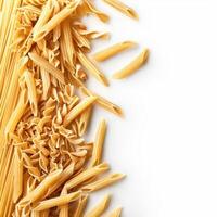 Different shapes of pasta creating a frame on white background photo
