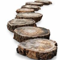Winding path of tree slices creating a natural staircase on white background photo