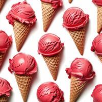 Pattern of delicious appetizing melting raspberry ice cream scoops in waffle cones on white background photo