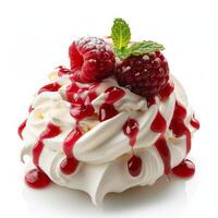 Mini pavlova cake decorated with fresh raspberries and raspberry sauce photo