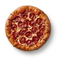 Delicious pepperoni pizza presenting perfectly sliced round shape on white background photo