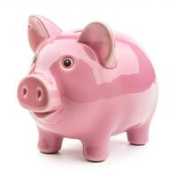 Pink piggy bank standing on white background symbolizing saving photo