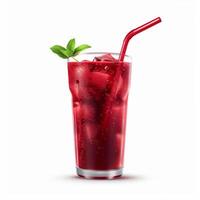 Refreshing red fruit juice with ice cubes and mint in a glass with straw photo