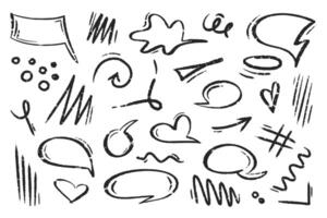 Chalk speech bubble set. Line, arrow, scribbles, underlines, swirls doodle elements. Crayon dialogue cloud frame different forms by pencil. Circle, heart, abstract talk cute charcoal box. vector