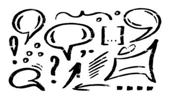 Chalk speech bubble set. Crayon dialogue cloud frame by pencil. Arrow, line, emphasis, dots, signs, talk cute charcoal box. Doodle illustration vector