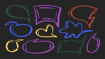 Chalk color speech bubble set. Crayon dialogue cloud frame by pencil on blackboard. Talk cute charcoal box. Doodle illustration vector