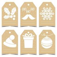 Christmas gift labels and tags set with empty space for name, text or congratulatory message. Holiday sticker, ticket or tally with Christmas decorations and a hole to tie to a present box. vector