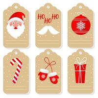 Christmas present box tags and labels with festive decorative elements and empty space for recipient name. Christmas sticker, ticket or tally with a hole to tie to a gift during winter holidays. vector
