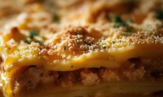 A large lasagna with cheese and herbs on top photo