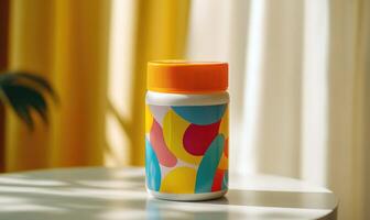 A jar of multicolored jelly beans sits on a table photo