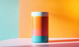 A colorful container with a blue stripe sits on a table photo