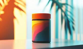 A jar of multicolored paint is sitting on a table photo