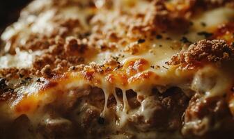 A slice of pizza with cheese and meat toppings photo