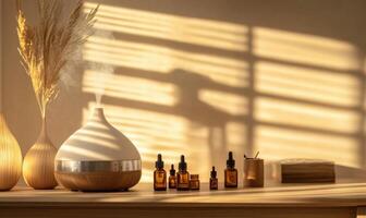 A table with a diffuser, several bottles of essential oils, and a few vases photo