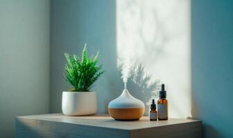 A white diffuser sits on a wooden shelf next to two bottles photo