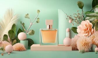 A bottle of perfume on a table with flowers photo