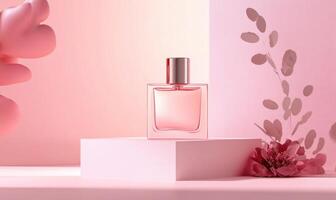 A bottle of perfume on a table pink background photo