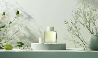 A bottle of perfume on a table next to a vase of flowers photo