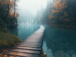 Serene Wooden Footbridge Across a Misty Autumn Lake photo