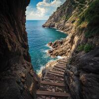 Coastal Hiking Trail Descending to a Turquoise Sea photo