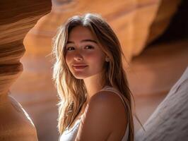 Smiling woman in a desert canyon. photo
