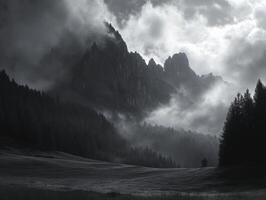 Misty Mountain Majesty, A grayscale landscape of a shrouded mountain range. photo