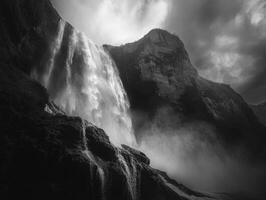 Powerful Waterfall Cascading Down Rugged Mountainside in Dramatic Black and White photo