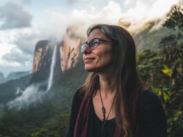 Woman Contemplating a Majestic Waterfall in a Lush Rainforest photo