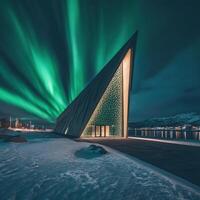 Aurora Borealis Illuminates Modern Architecture in Arctic Town photo