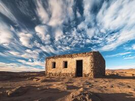 Desolate Stone Hut Under a Dramatic Sky photo