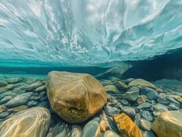 Underwater view of glacial ice and rocks in a crystal clear stream. photo
