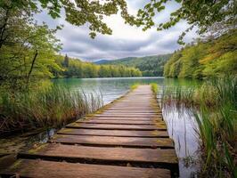 Tranquil Wooden Pier Extends into Serene Lakeside Forest photo