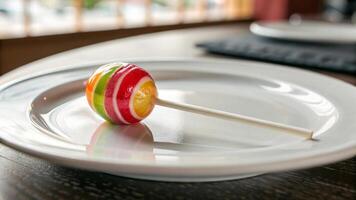 A single lollipop on a white plate with a shallow depth of field photo