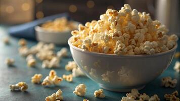 Macro shot of a bowl of popcorn with a blurred background photo
