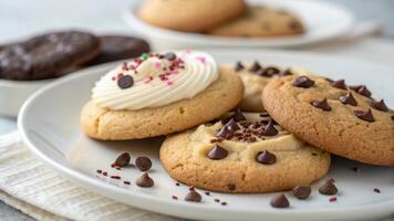 A close-up of a plate of cookies with a blurred background photo