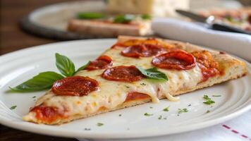 A single piece of pizza on a white plate with a shallow depth of field photo