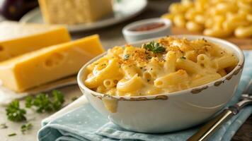 Macro shot of a bowl of macaroni and cheese photo