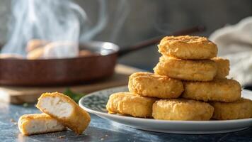 A close-up of a plate of chicken nuggets with a blurred background photo