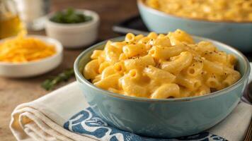 Macro shot of a bowl of macaroni and cheese with a shallow depth of field photo