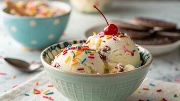 Macro shot of a bowl of ice cream with a blurred background photo