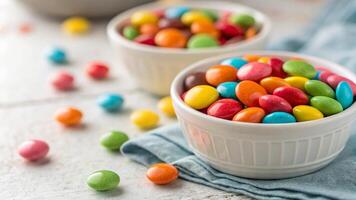 Macro shot of a bowl of colorful candies with a shallow depth of field photo