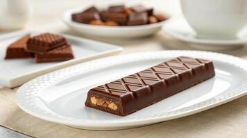 A single chocolate bar on a white plate with a shallow depth of field photo
